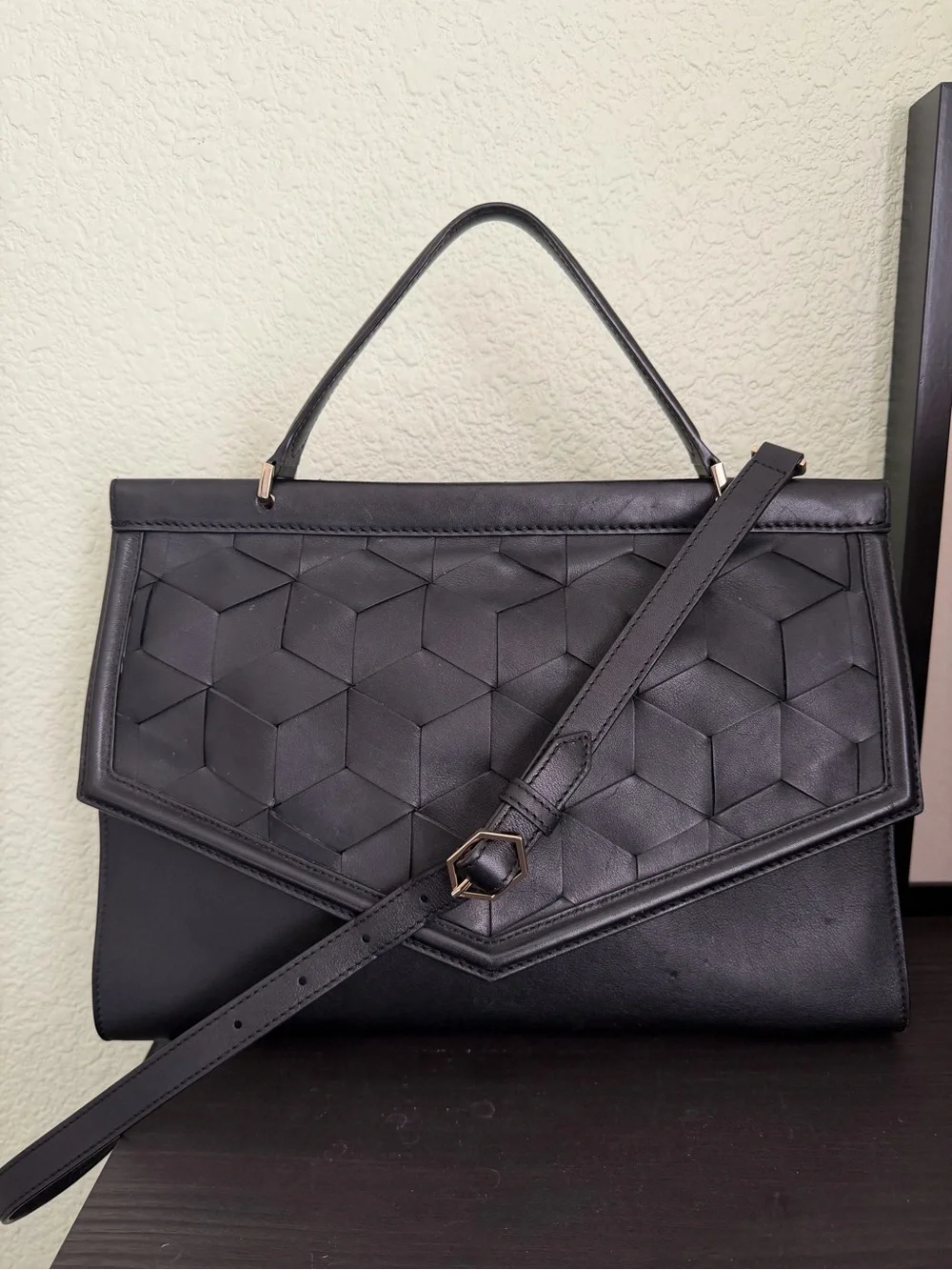 Welden Black Geometric Leather Satchel Crossbody Strap- Women Bags